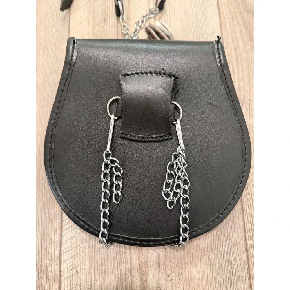Scottish Kilt Sporran Cowhide Leather Celtic Knot Studded Tassel Chain Bag Black